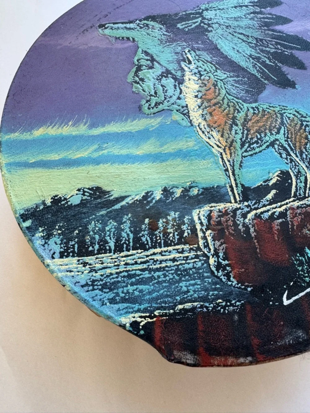 Vintage 1990s Native American Hand Painted Rawhide Drum Artist Signed Decorative